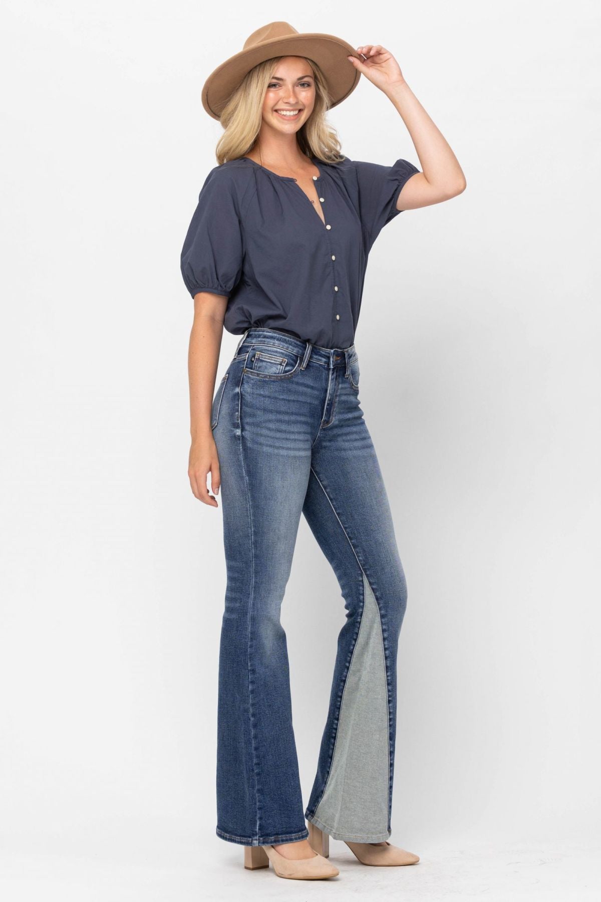 Judy Blue Mid-Rise Two Tone Panel Flare Jeans