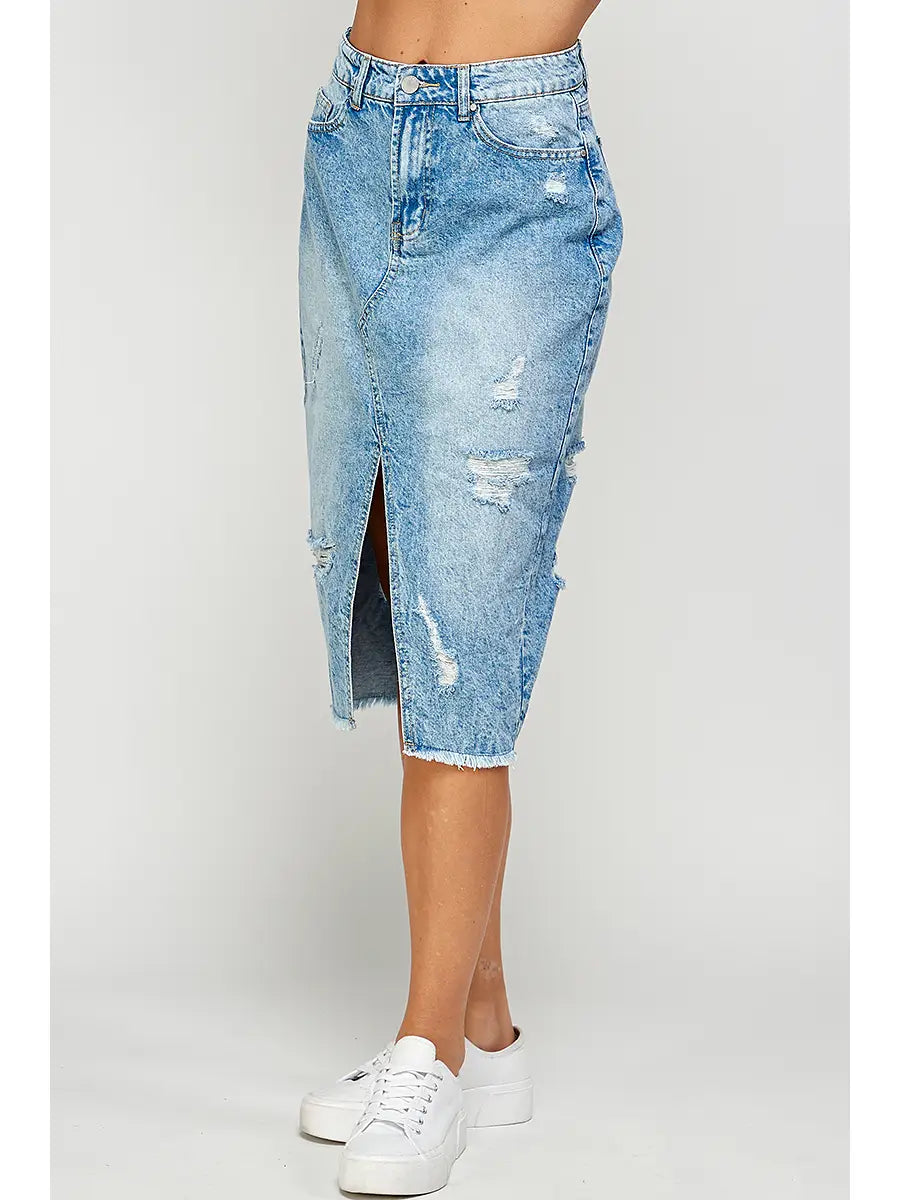 Distressed Long Denim Skirt