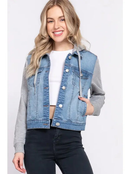 Long Sleeve Contrast Terry Sleeve with Hoodie Denim Jacket