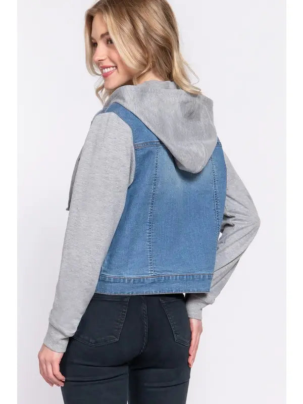 Long Sleeve Contrast Terry Sleeve with Hoodie Denim Jacket