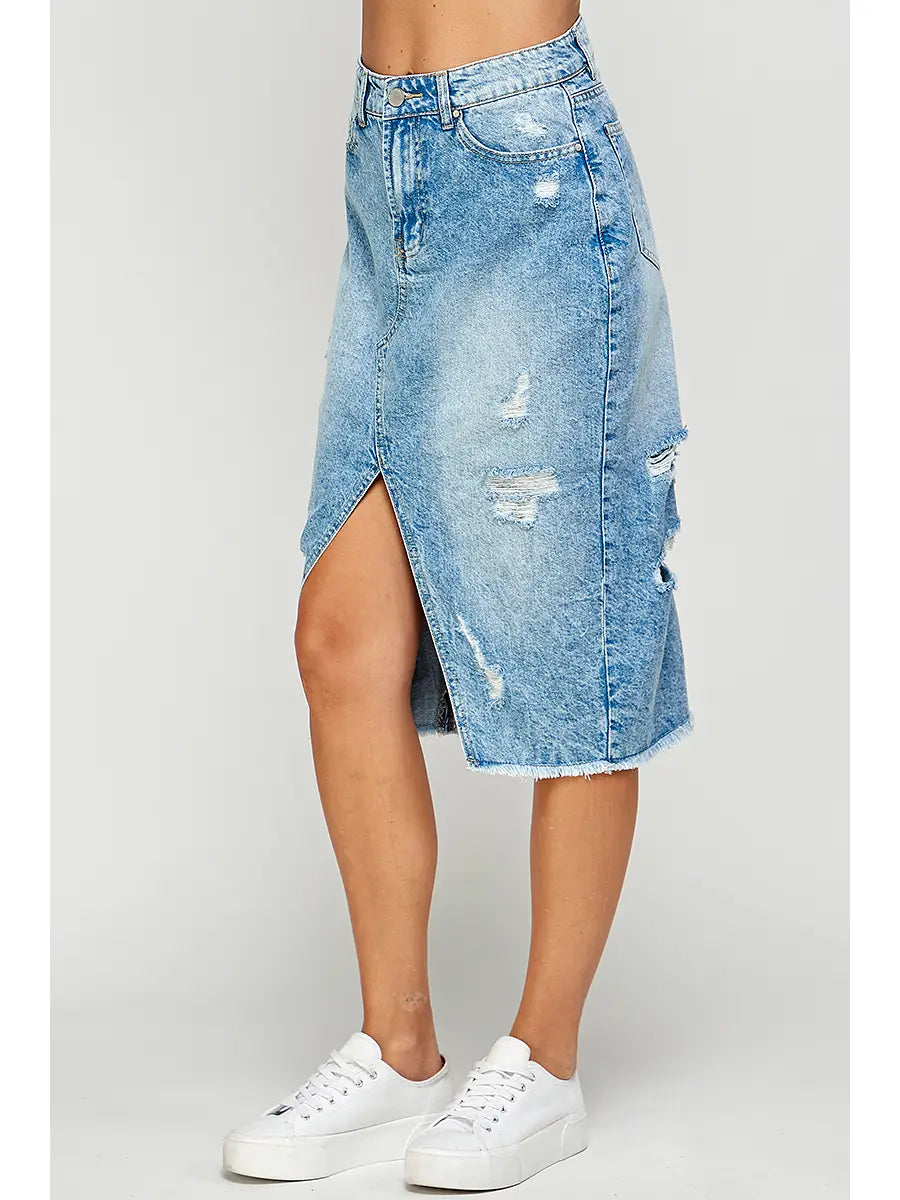 Distressed Long Denim Skirt