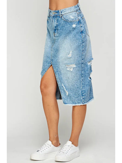 Distressed Long Denim Skirt