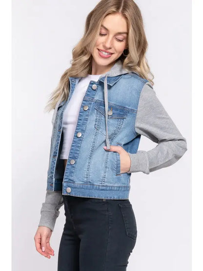 Long Sleeve Contrast Terry Sleeve with Hoodie Denim Jacket