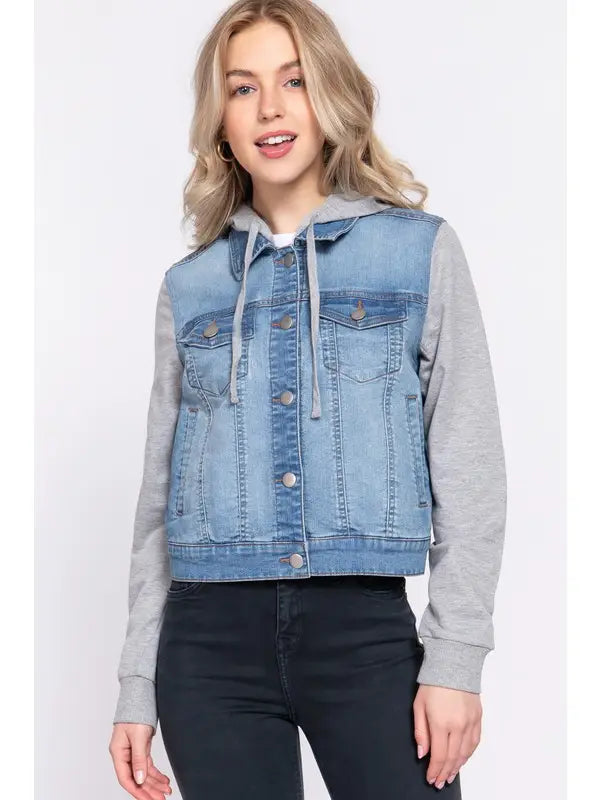 Long Sleeve Contrast Terry Sleeve with Hoodie Denim Jacket
