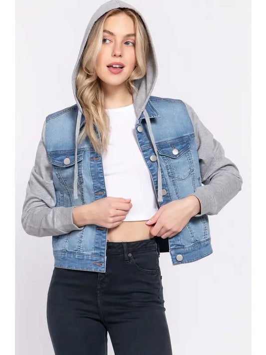 Long Sleeve Contrast Terry Sleeve with Hoodie Denim Jacket
