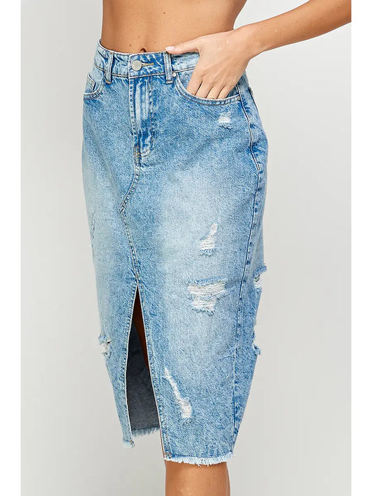 Distressed Long Denim Skirt