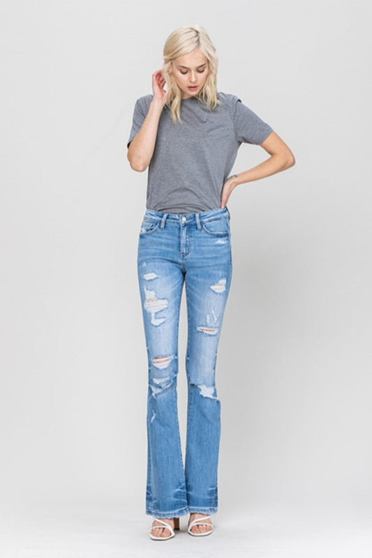 Distressed Mid Rise Flare Jeans