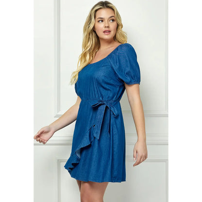 Plus Size Square Neck Wrap Bubble Sleeve Dress