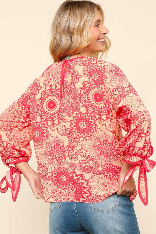 Ribbon Bow Detail Floral Round Neck Blouse