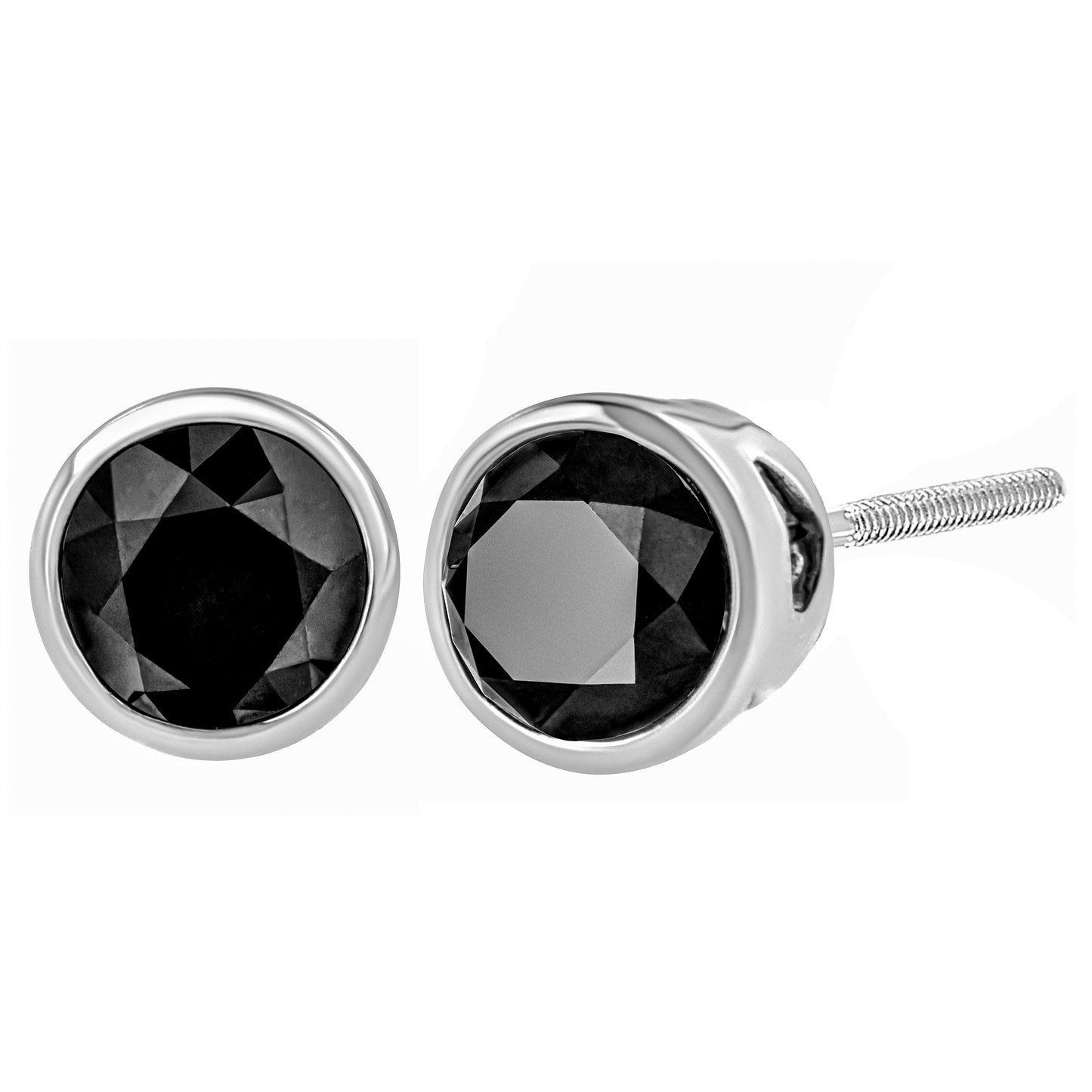 14K White Gold 4.00 Cttw Round Brilliant-Cut Black Diamond Bezel-Set Stud Earrings With Screw Backs (Fancy Color-Enhanced, I2-I3 Clarity)