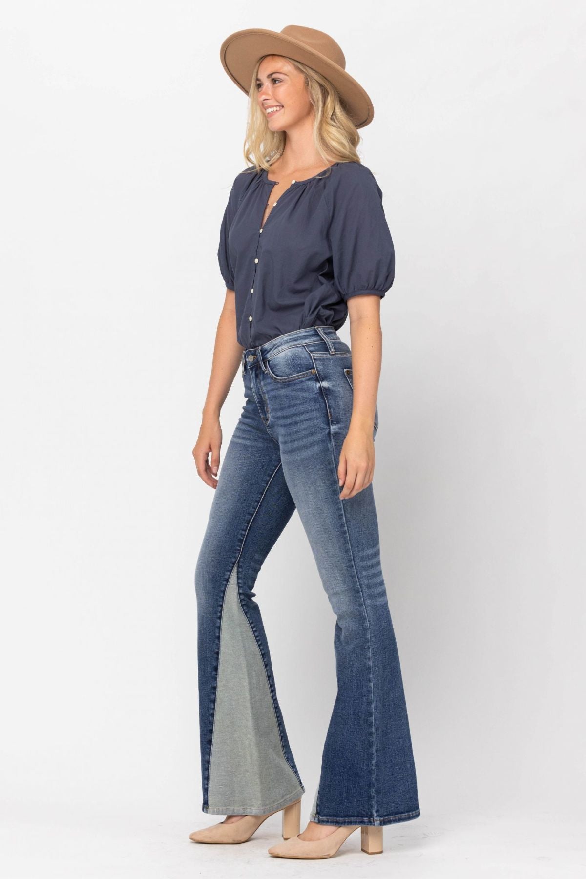 Judy Blue Mid-Rise Two Tone Panel Flare Jeans
