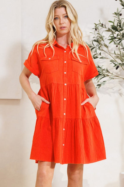 ODDI Full Size Button Front Tiered Shirt Dress