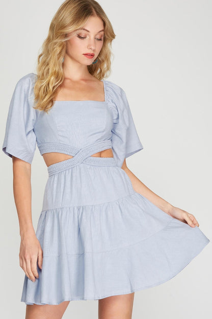 Flutter-Sleeve Open-Waist Tiered-Dress
