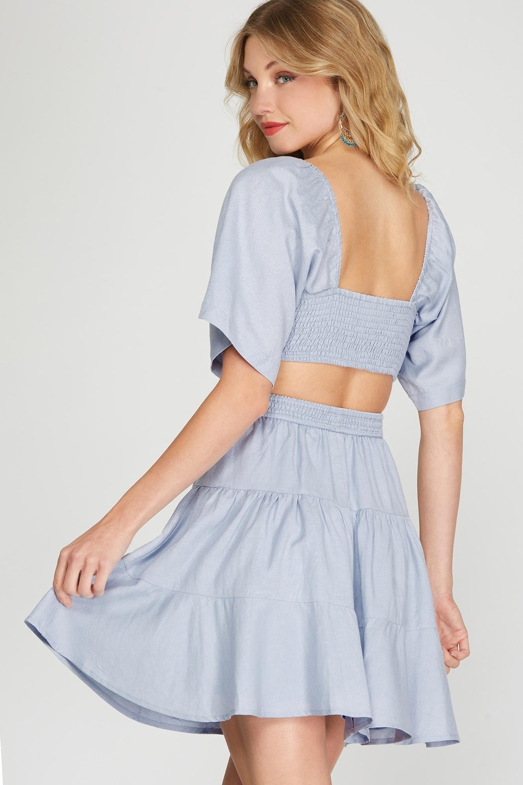 Flutter-Sleeve Open-Waist Tiered-Dress