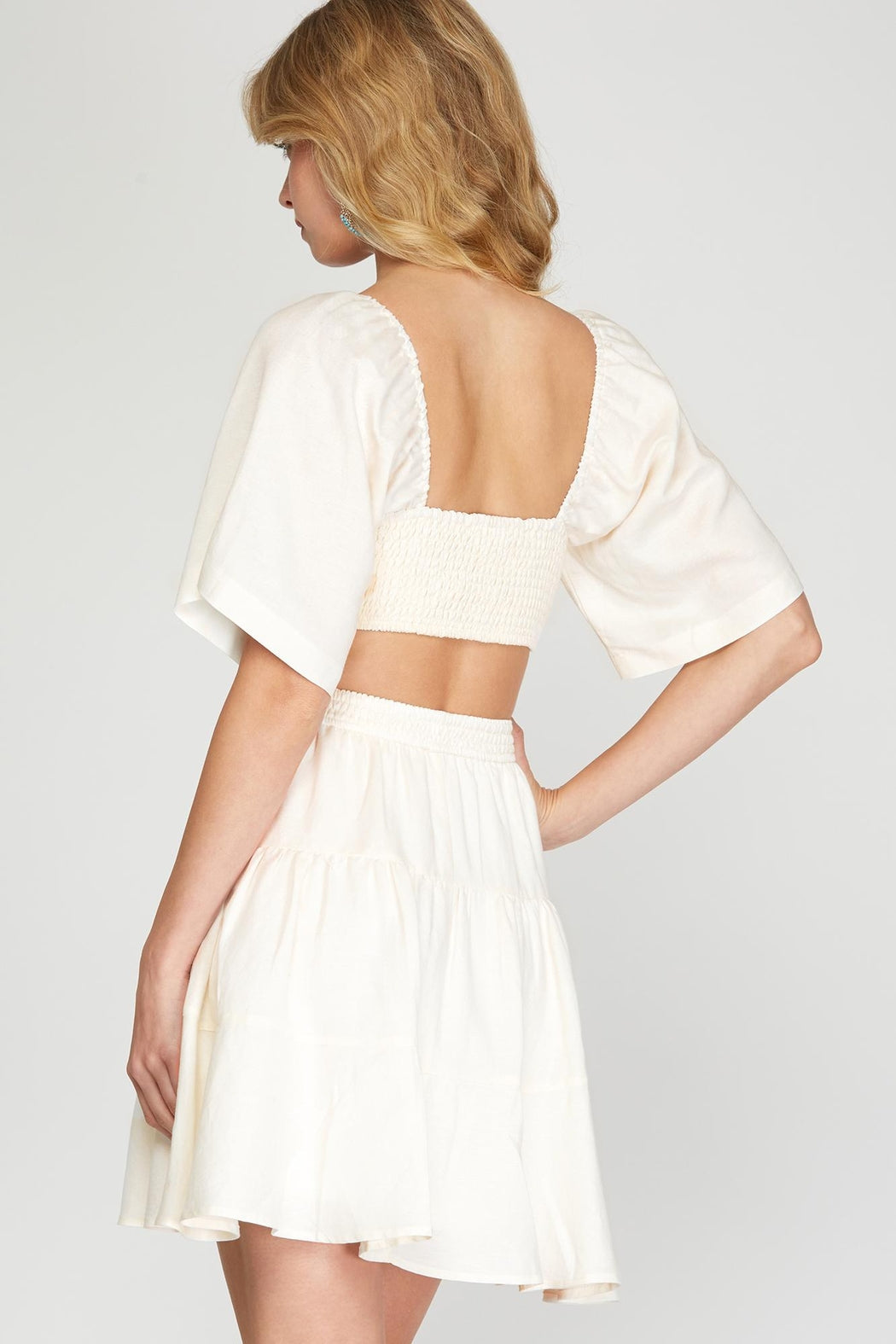 Flutter-Sleeve Open-Waist Tiered-Dress