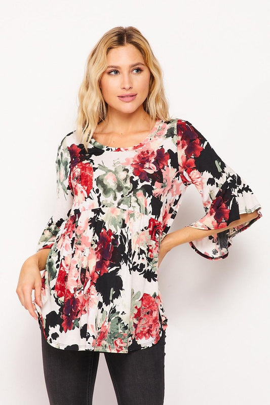Red-Floral Baby-Doll Ruffle-Top
