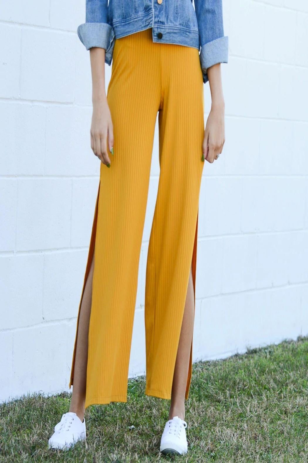Ribbed-Knit Wide-Leg Side-Slit Pant