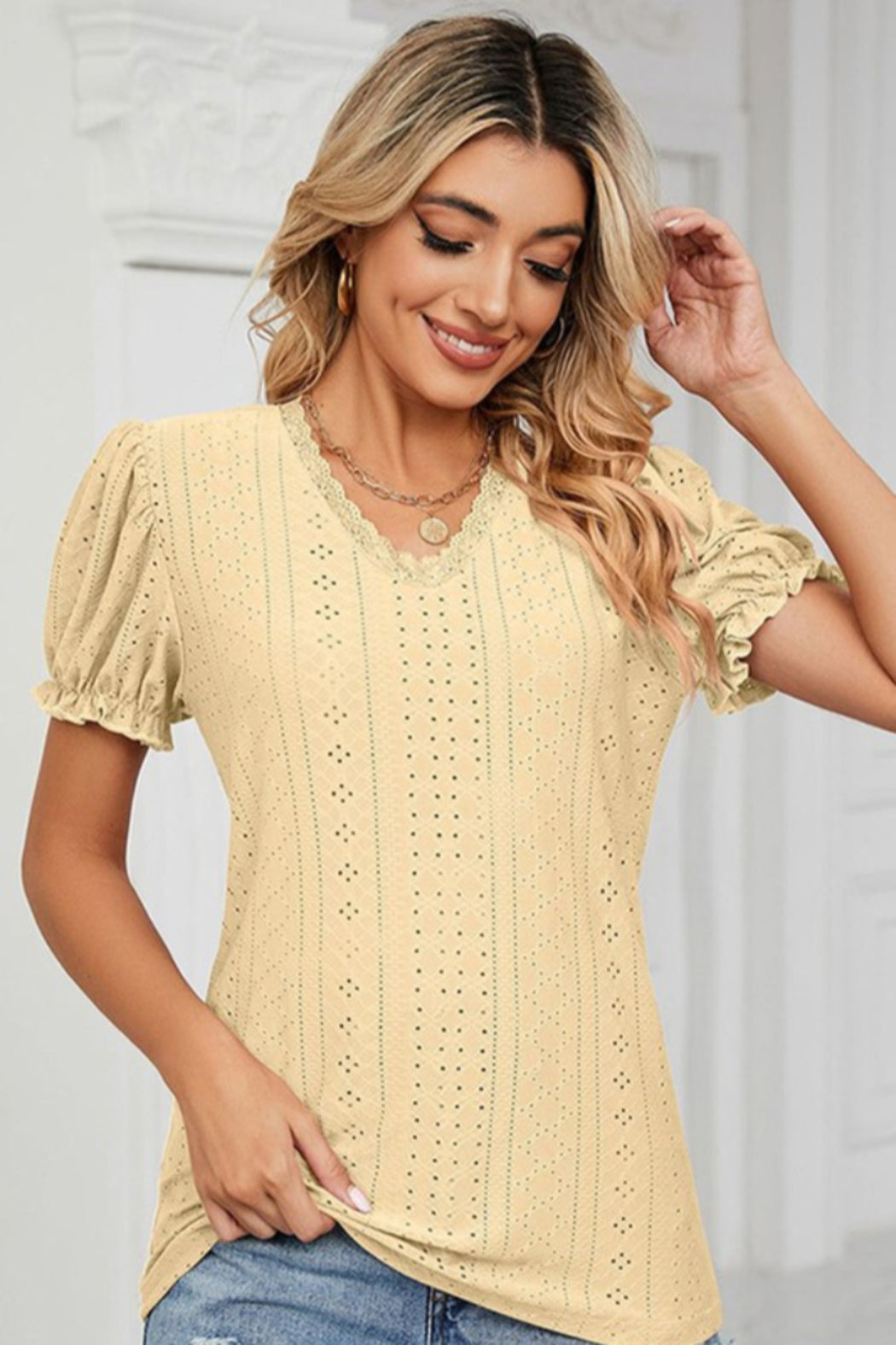 Eyelet Top with Puff Short Sleeve