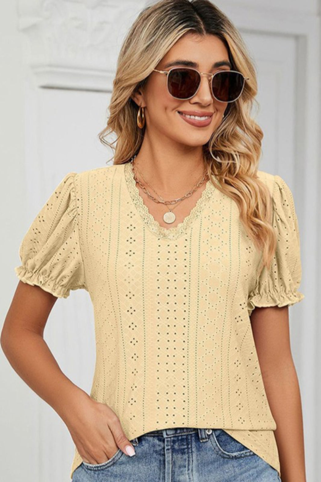 Eyelet Top with Puff Short Sleeve