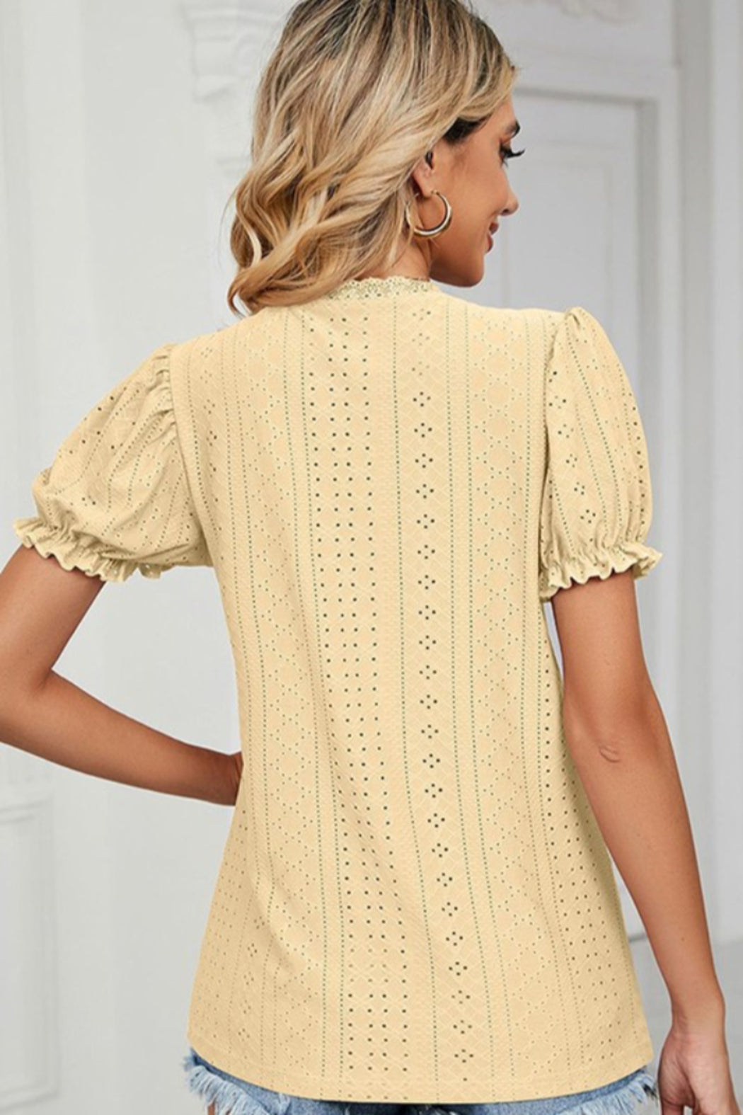 Eyelet Top with Puff Short Sleeve