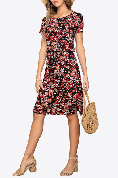 Round Neck Short Sleeve Slit Dress With Pockets
