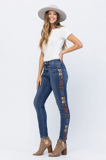 Judy Blue Mid-Rise Rad Embellishment Western Print Relaxed Fit Jeans