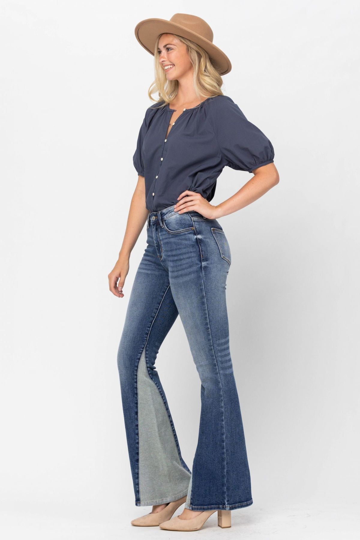 Judy Blue Mid-Rise Two Tone Panel Flare Jeans