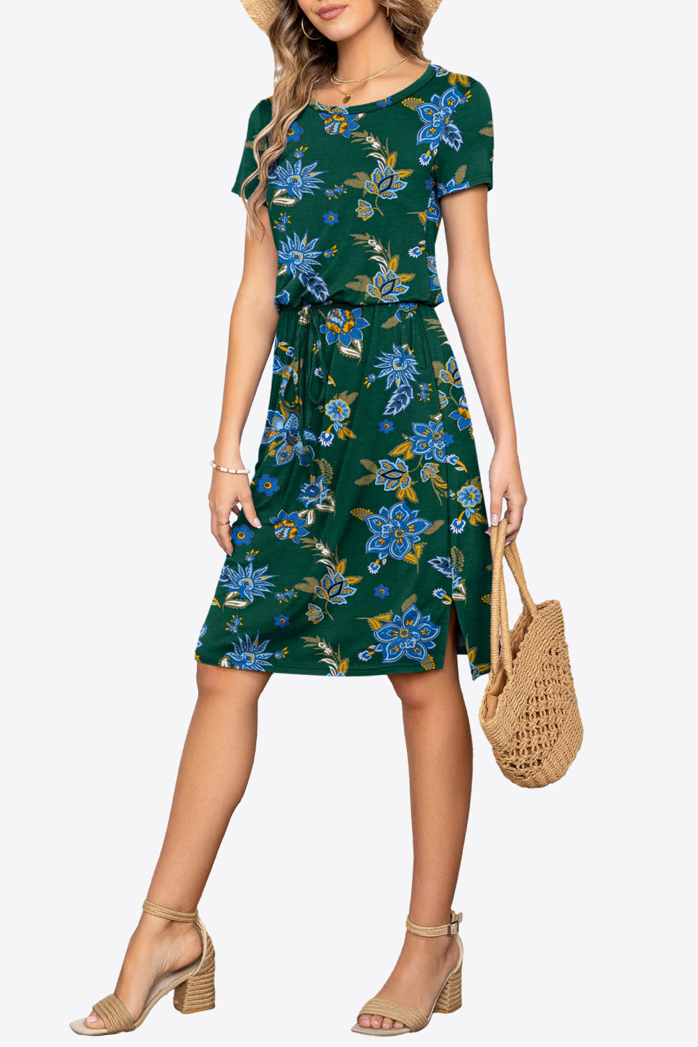 Round Neck Short Sleeve Slit Dress With Pockets