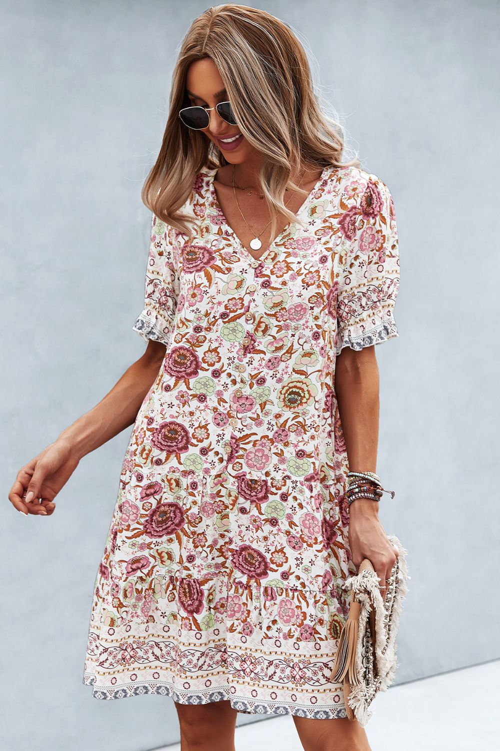 Floral V-Neck Flounce Sleeve Dress