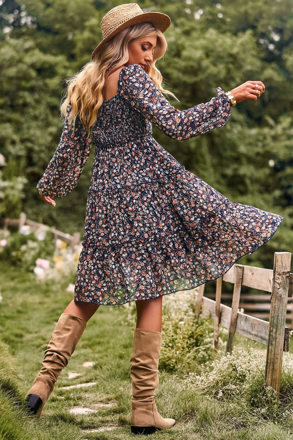 Printed Off-Shoulder Frill Trim Tiered Dress