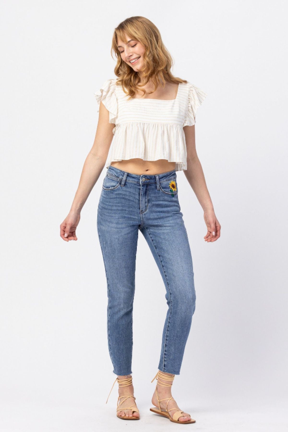Judy Blue High Rise Relaxed Sunflower Embroidery Jeans