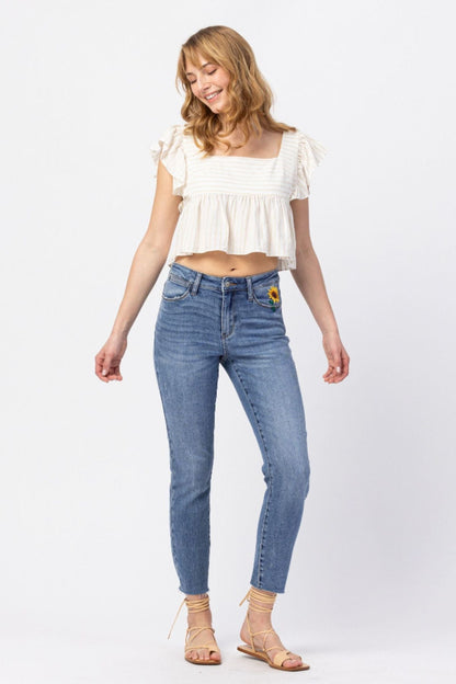 Judy Blue High Rise Relaxed Sunflower Embroidery Jeans