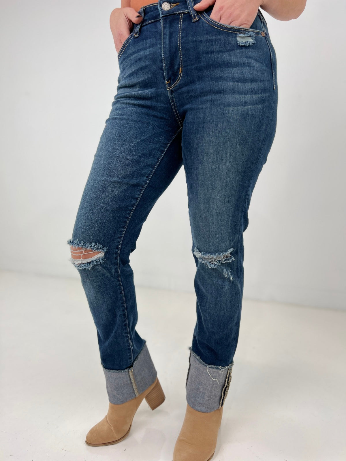 Judy Blue Mid Rise Tall Minimal Destroy Straight Jeans
