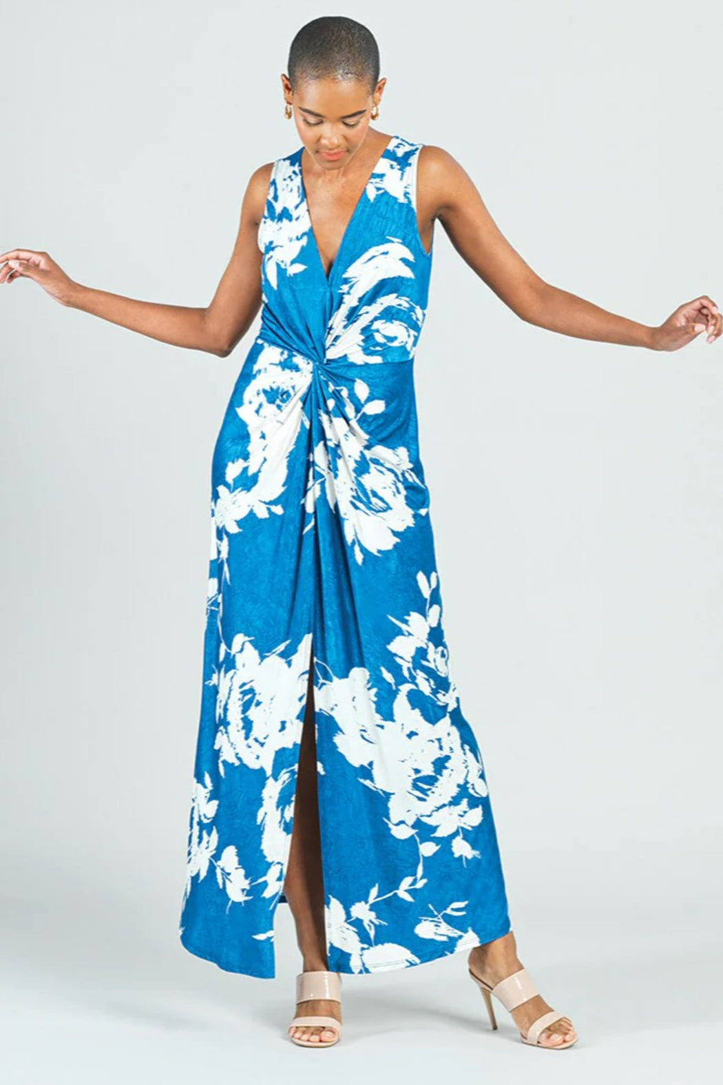 Floral-Silky V-Neck Maxi-Dress