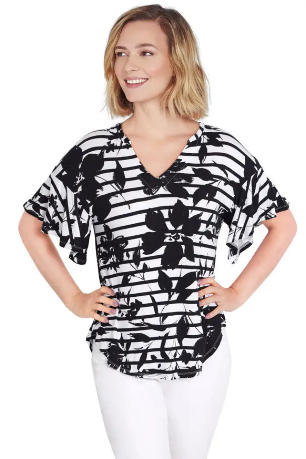 Floral Stripe Print Knit Top