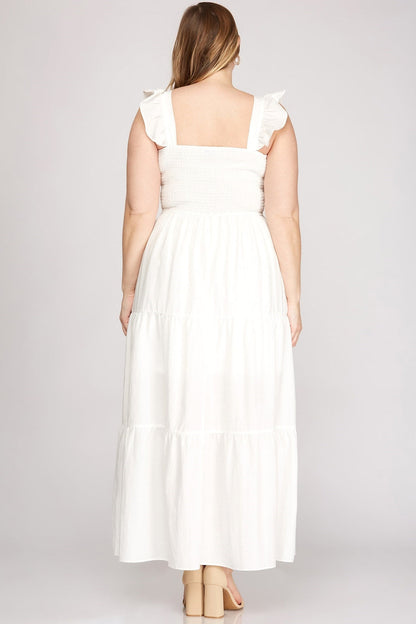 Frilled-shoulder Smocked-tiered Maxi-Dress