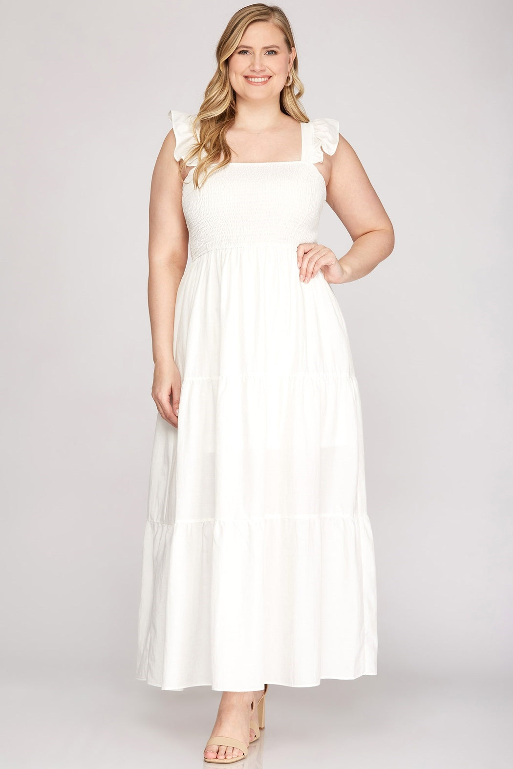 Frilled-shoulder Smocked-tiered Maxi-Dress