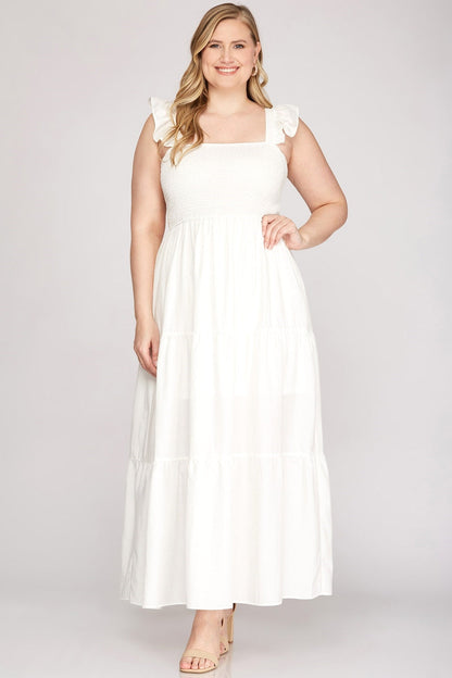 Frilled-shoulder Smocked-tiered Maxi-Dress