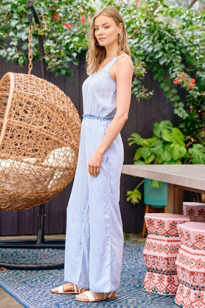 Frilled Waist Denim Jumpsuit