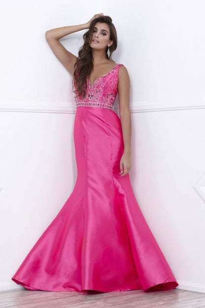 Fuchsia Beaded Fit & Flare Long Formal Dress