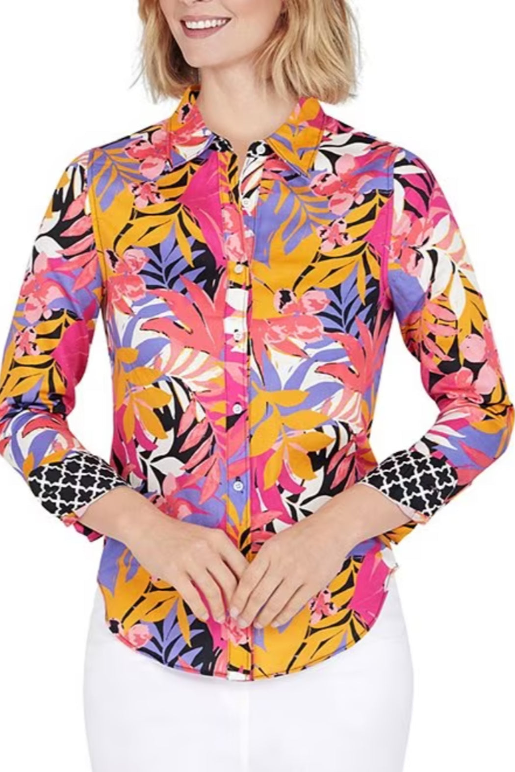 Fun Fern Print Woven Button Down Collar Long Sleeve Button Front Shirt