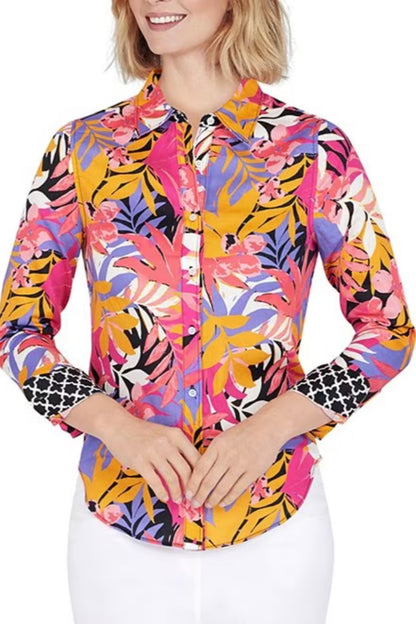 Fun Fern Print Woven Button Down Collar Long Sleeve Button Front Shirt