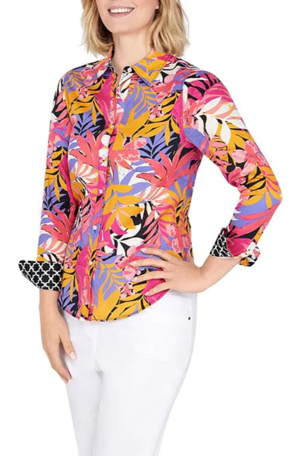 Fun Fern Print Woven Button Down Collar Long Sleeve Button Front Shirt