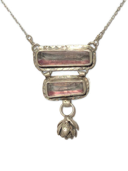 Pink Tourmaline Double Bar Necklace With Succulent