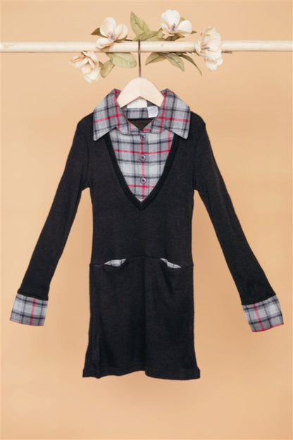 Girls Black Charcoal Combo Plaid Sweater Dress