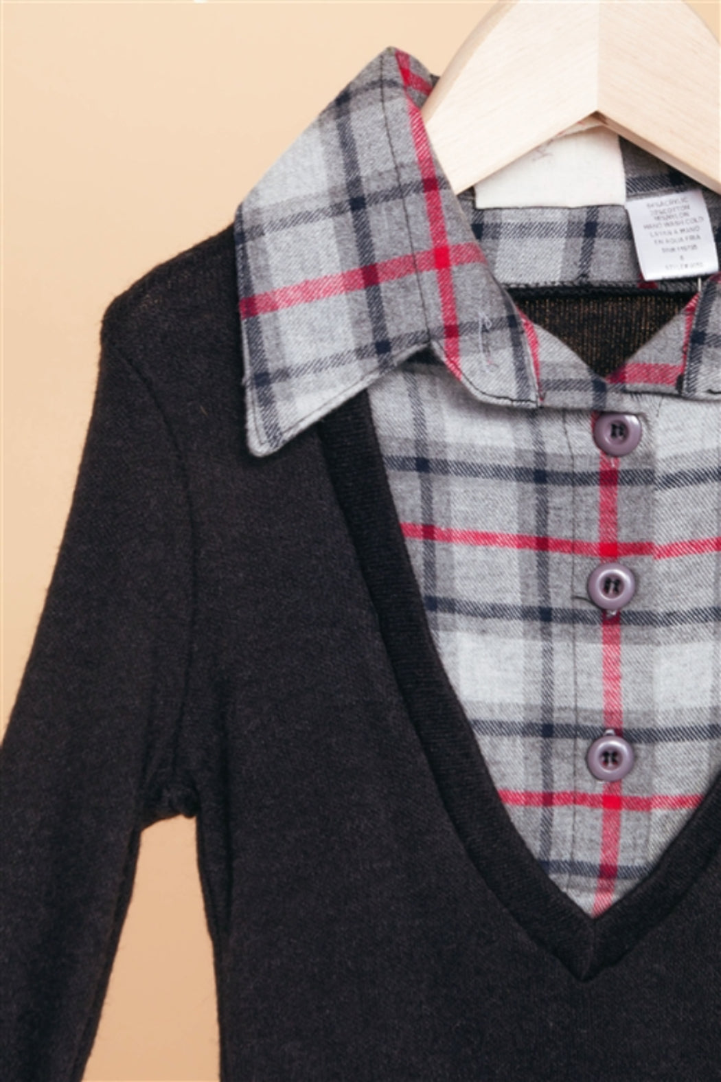 Girls Black Charcoal Combo Plaid Sweater Dress