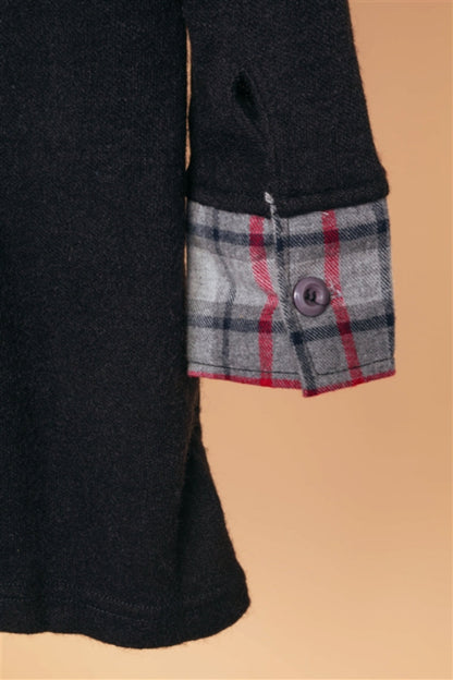 Girls Black Charcoal Combo Plaid Sweater Dress