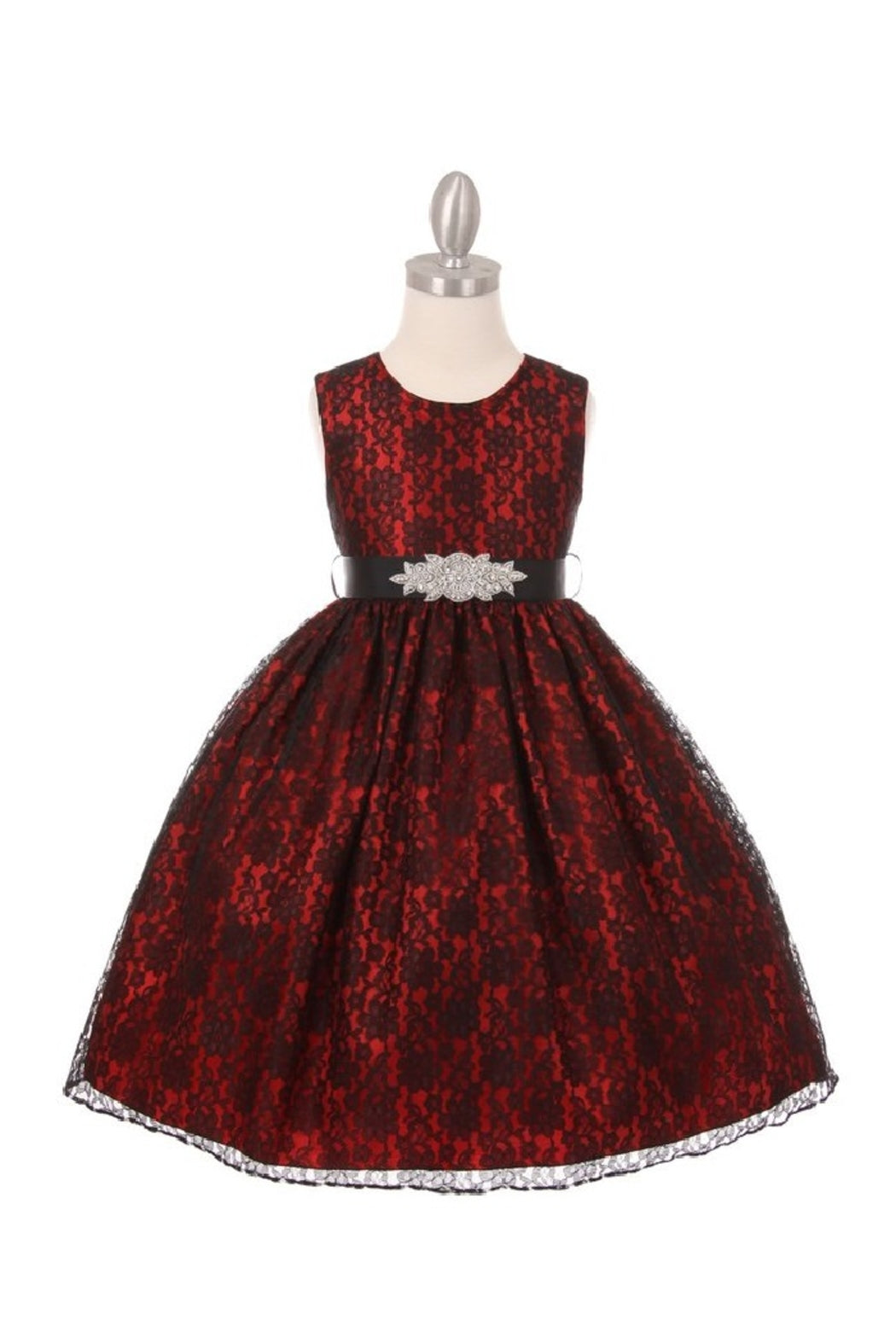 Girls Red & Black Lace Short Dress