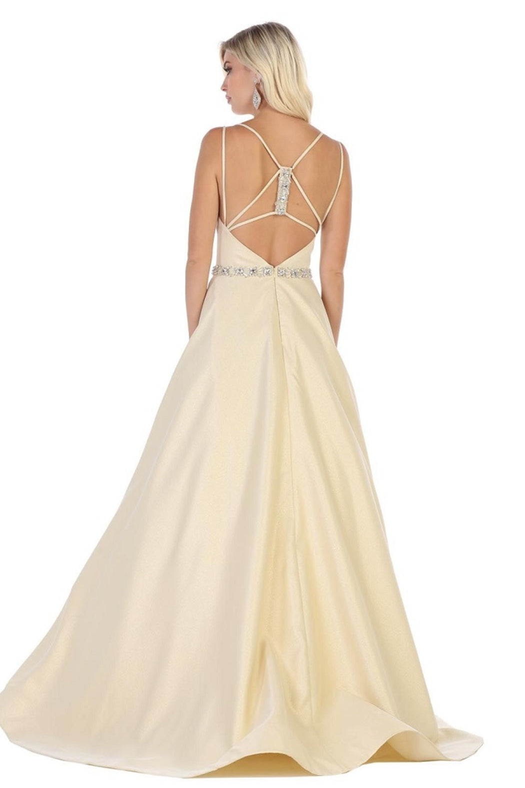 Gold Embellished Belt Formal Long Dress