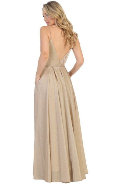 Gold Metallic Pleated Formal Long Dress